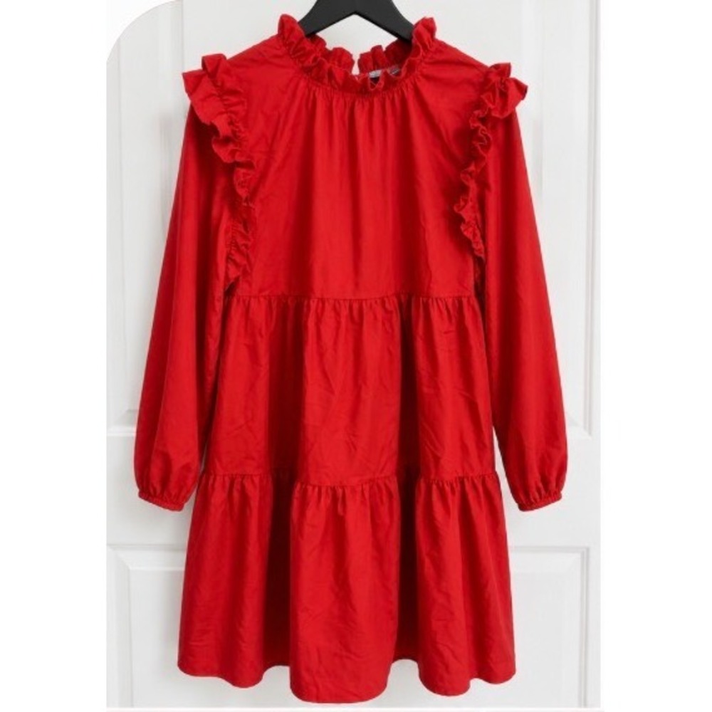 SHEIN Red Ruffle Neck Tiered Babydoll Mini Dress Long Sleeve Size L 8/10